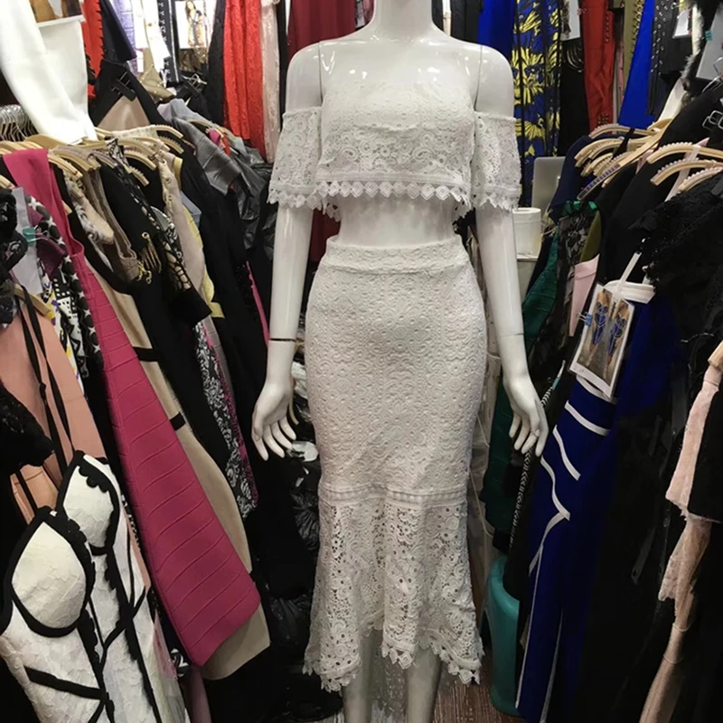 HIGH STREET стильный взлетно-посадочной полосы Костюм Установить Для женщин Slash Neck Crop кружевной топ набор Юбки Русалки