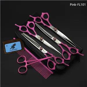 Pink-FL101 6 шт./компл. 7 дюймов профессиональные ножницы для домашних животных Уход за лошадьми Ножницы Прямые истончение изогнутые ножницы для собак и кошек Уход за лошадьми стрижка Инструменты - Цвет: Pink-FL101