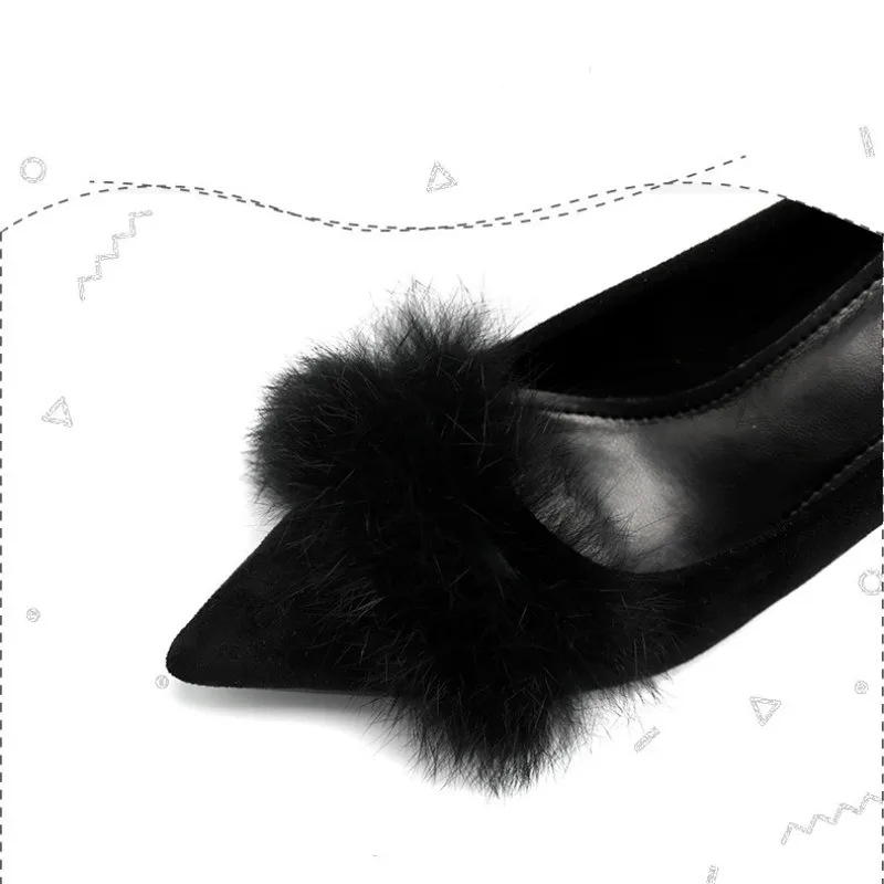 

Women Pumps Shoes Fashion Flock Rabbit Hair Pointed Toe Slip-On 6cm Thin High Heels Shallow Solid Casula Lady Sexy Female Shoes