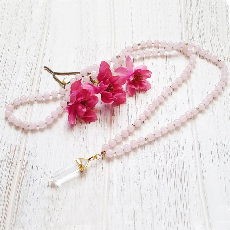 108 Mala Beads Necklace Crystal Jewelry Rose Q-uartz Pink Knotted Yoga Gift For Women Girl | Украшения и аксессуары