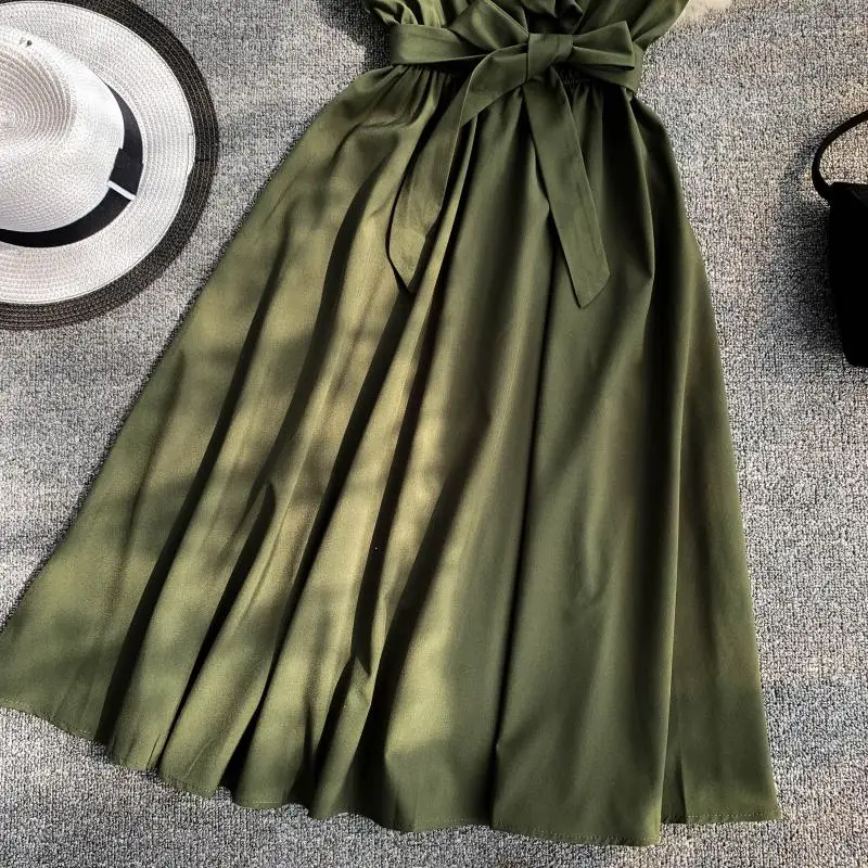 

New V Neck Ruffles Summer Midi Long Bandage Dress Party Women Casual Tank Beach Sundress High Waist Tie A-Line Elegant Vestidos