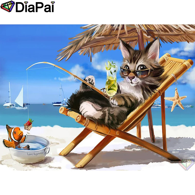 

DIAPAI 5D DIY Diamond Painting 100% Full Square/Round Drill "Beach cat fish" Diamond Embroidery Cross Stitch 3D Decor A21667