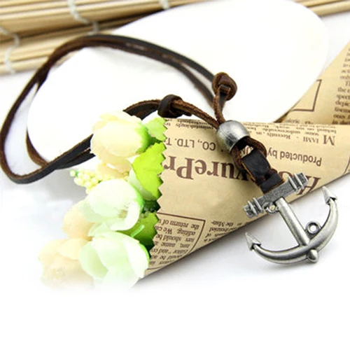 Мужская женская Punk Стиль Якорь Кулон Из Натуральной Кожи Ожерелье Шнура