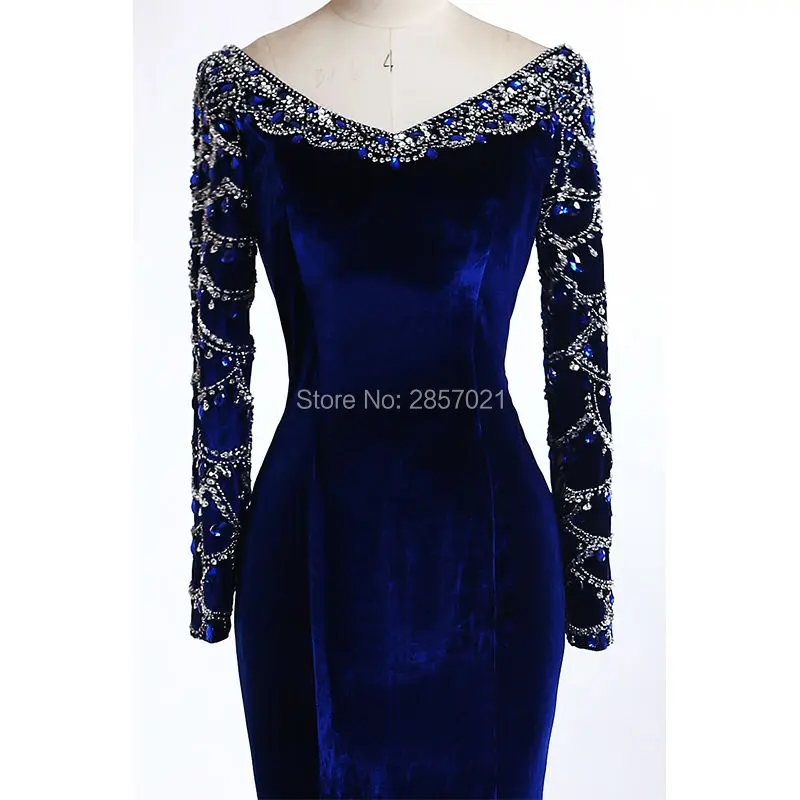Настоящее Фотография Luxury Royal Blue Velvet Вечернее Платье На Заказ Русалка С Длинным Рукавом Пром Платья Формальные Хрустальные Бусины Дубай Вечернее Платье