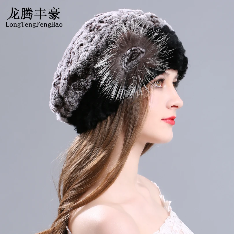 Женский вязаный берет из кроличьего меха с цветком | Аксессуары для одежды