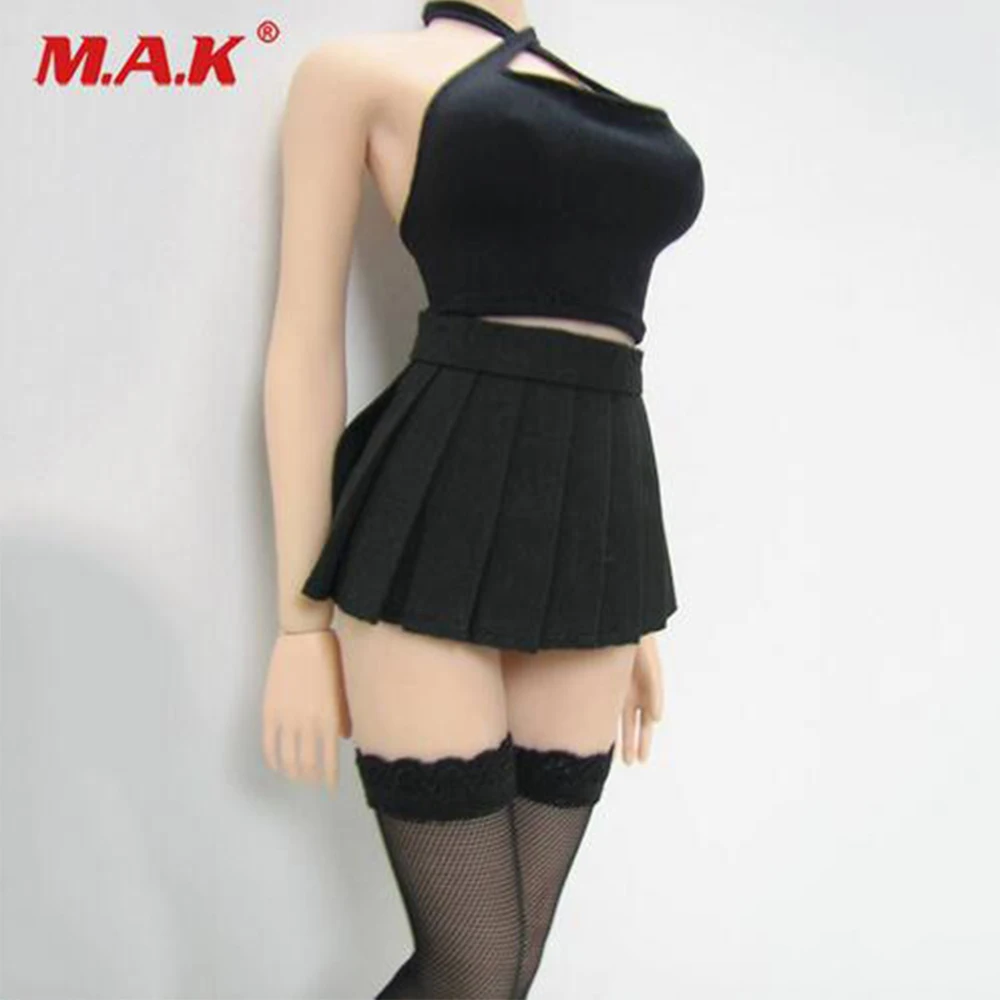 

1/6 scale female girl halter tops&dress&stocking clothes set black PL98 for woman seamless body large bust PHICEN doll toys acc