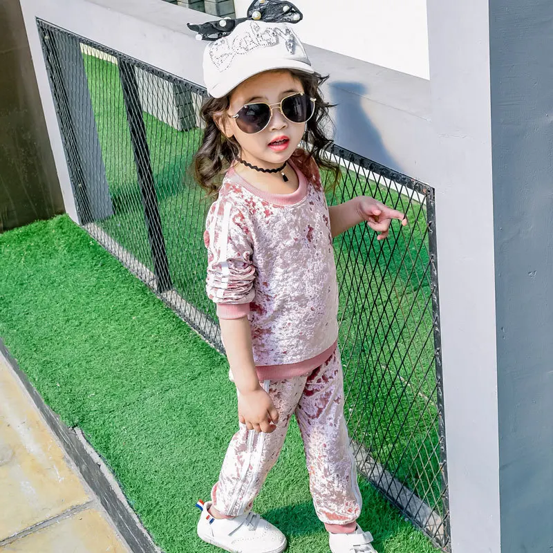 

Girls Clothing Set Pink Velvet Cashmere Suit Set Long Sleeve Pullover+ Pants Sportswear Baby Girls Sports Clothes Active Suits