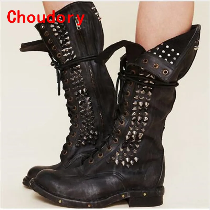 Choudory/черные ботфорты из натуральной кожи на шнуровке Botas Mujer ковбойские сапоги с