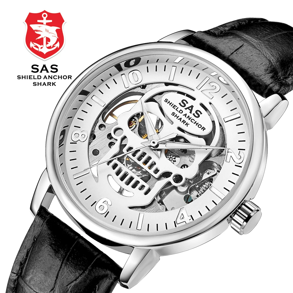 Мужские наручные часы с кожаным скелетом черные светящиеся в античном стиле