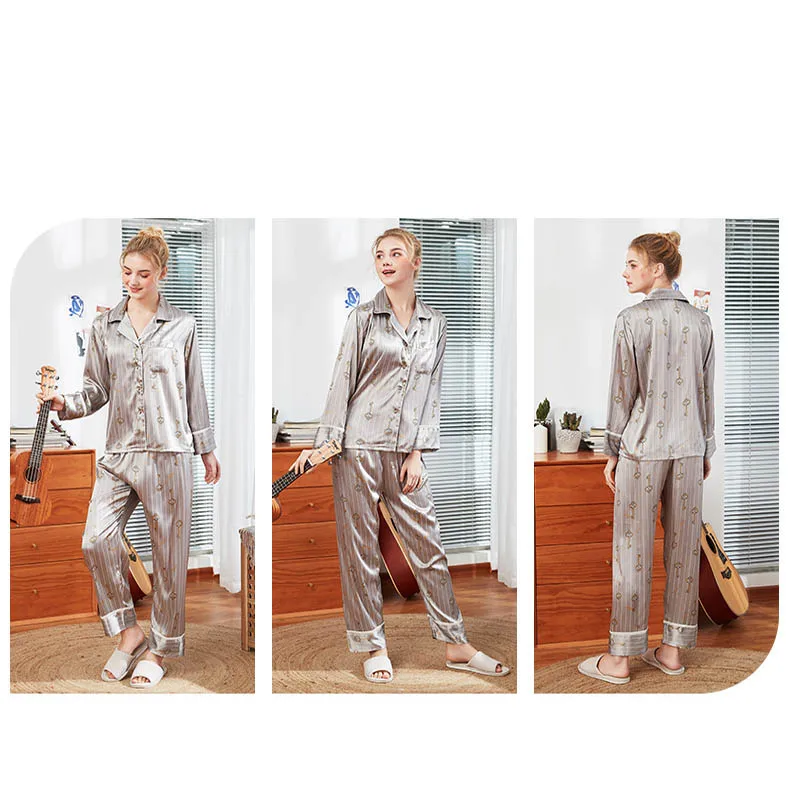 Пижамные комплекты Женская атласная весенне осенняя Пижама шелковая пижама с