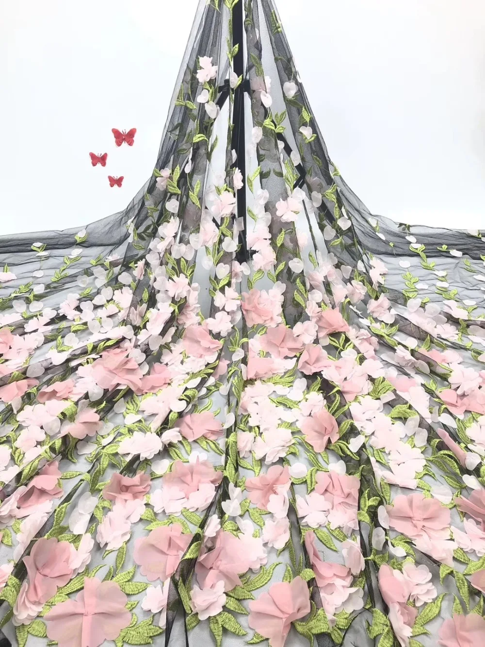 

High Quality African Lace Fabrics Nice French Net Embroidery 3D flowers Tulle Lace Fabric For Nigerian Party JIAAP094