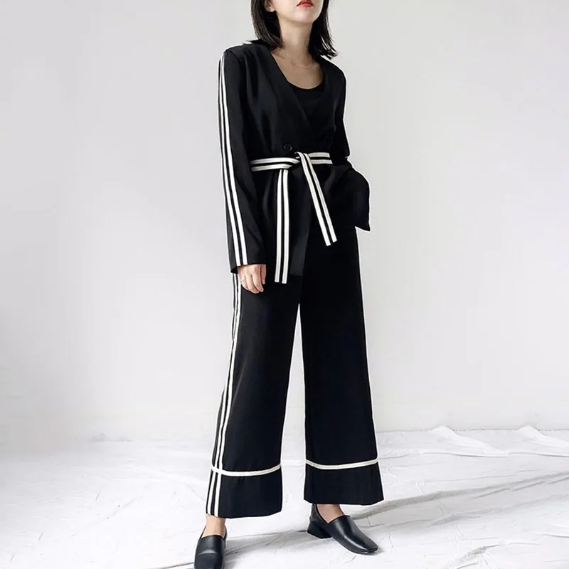 TWOTWINSTYLE, женские брюки, костюмы для женщин, v-образный вырез, длинный рукав, на шнуровке, пальто с высокой талией, пэтчворк, длинные широкие брюки - Цвет: Black Suits