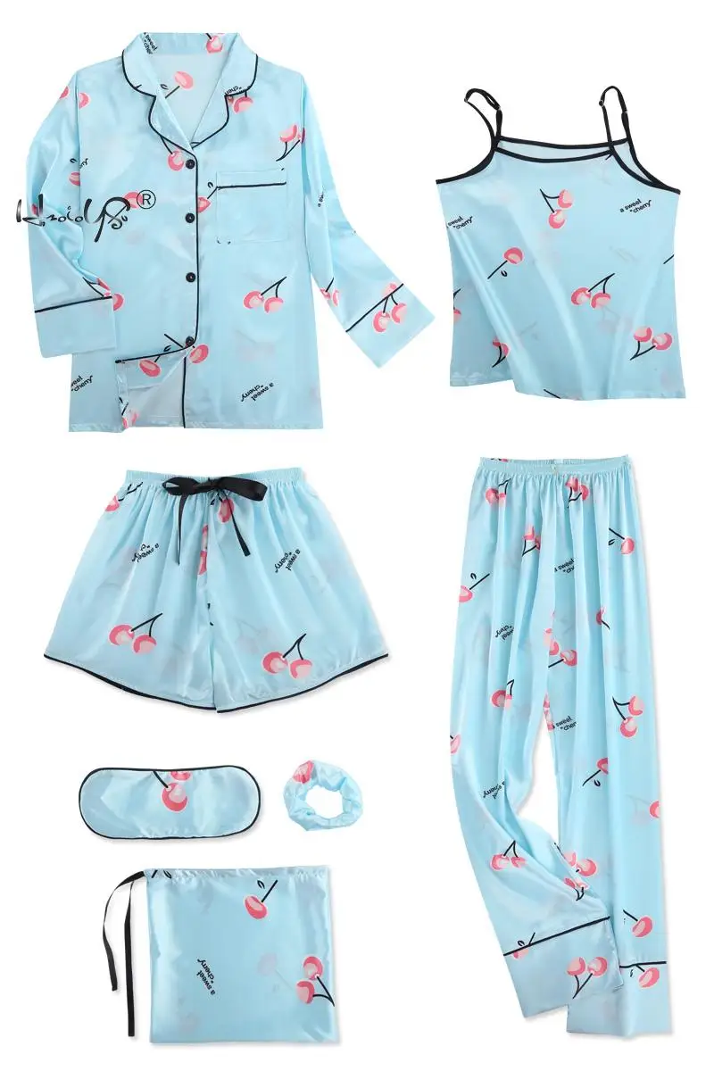 Stripe Printing Women's 7 Pieces Pajamas Sets Emulation Silk Satin Pajamas Women Sleepwear Sets Spring Summer Autumn Homewear