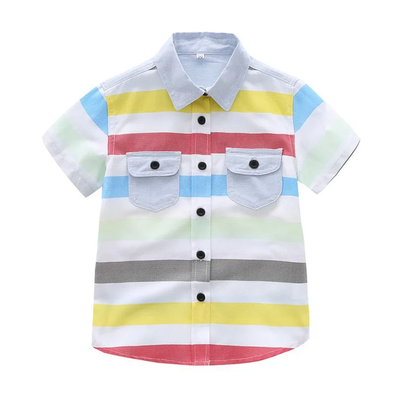 A Summer Boys Cute Striped Shirts Kids Boy Cotton Short Sleeve Turn-down Collar Buttoned Casual Tees School Children Clothing 1-5Y - Цвет: A