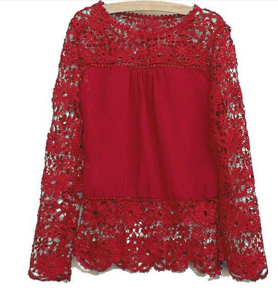 

Fashion Women Lace Flower Patchwork Plus Size Chiffon camisas blusa Women Fashion Tops Shirts Blouse 2015 New Shirt