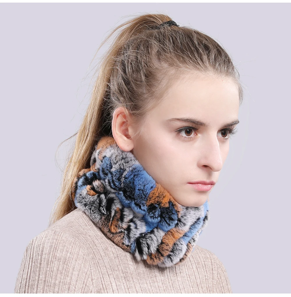 Women Real Fur Handmade Stretch Fur Scarf Knit Genuine Rex Rabbit Fur Headbands Girls Natural Fur Ring Cowl Snood Scarves Winter