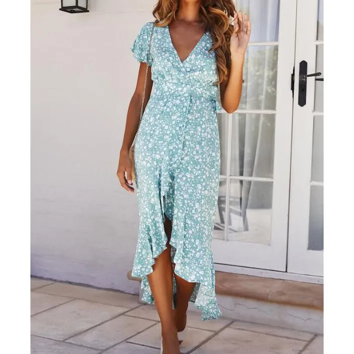 Женское длинное платье с принтом Boho повседневное пляжное v образным вырезом и