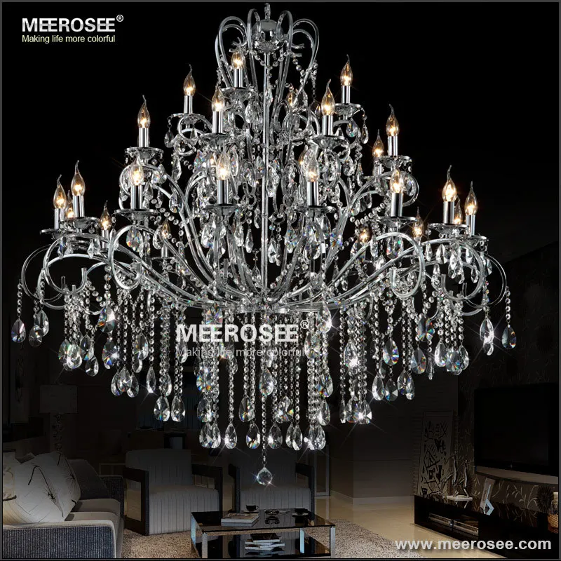

Large 28 Arms Wrought Iron Chandelier Lighting Fixture Chrome Lustre De Sala Crystal Hanging Lamp luminaire suspendu MDE51 L28