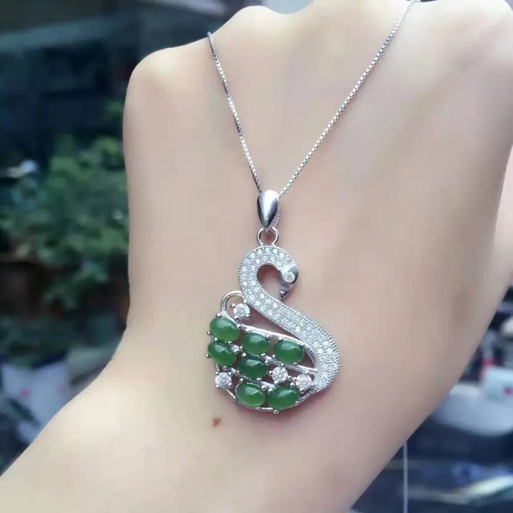 

Натуральный зеленый кулон из яшмы, Серебро S925, натуральный драгоценный камень, ожерелье, трендовые элегантные Лебеди для женщин, подарок на ...
