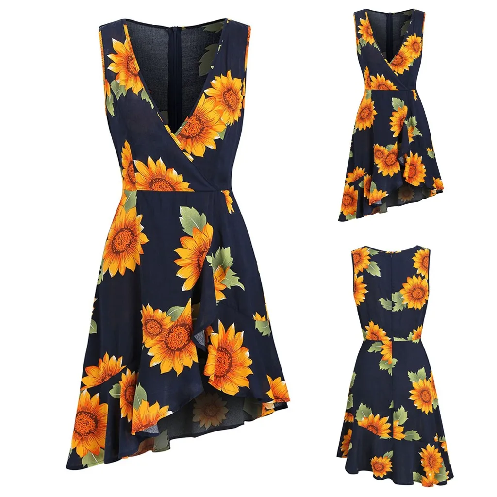 Модное летнее женское платье с принтом подсолнуха и v образным вырезом без