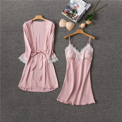 pink Daeyard, женские шелковые пижамы, 4 шт, пижамные комплекты, одежда для сна, Сексуальная кружевная отделка, для сна, для отдыха, v-образный вырез, халат, пижама, весна-лето, домашняя одежда - Цвет: pink