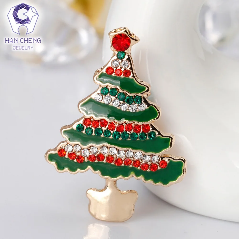 Han Cheng Горячая Мода глазурь золотые стразы кристалл Рождественская елка брошь