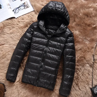 BLACK hooded Новинка, женский ультра легкий пуховик с капюшоном, зимний походный пуховик на утином пуху, приталенное пальто на молнии с длинным рукавом, теплое пальто - Цвет: BLACK hooded