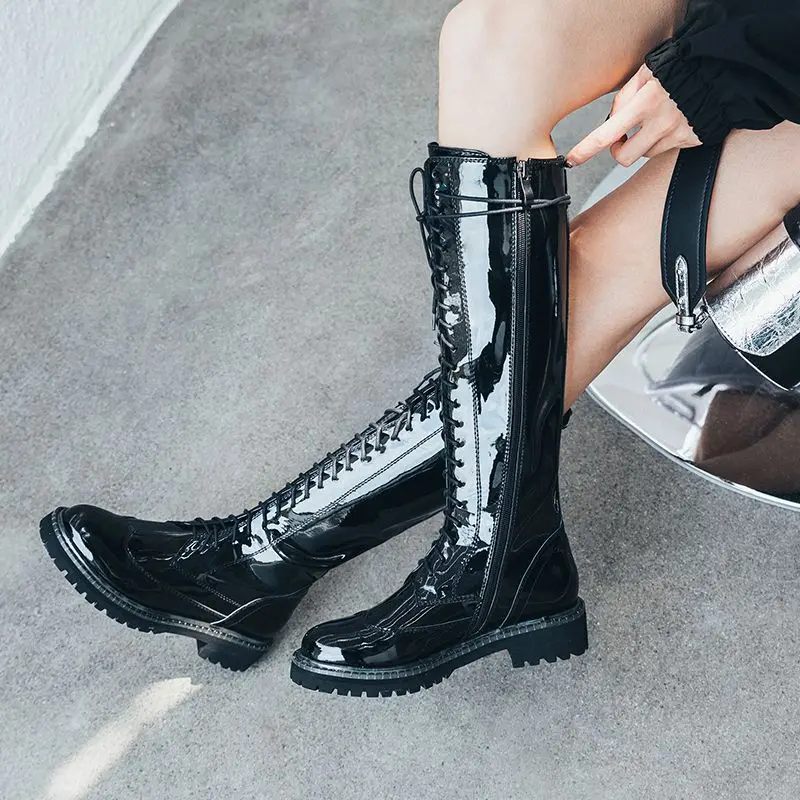 Женские сапоги на шнуровке ASUMER черные до колена из натуральной воловьей кожи