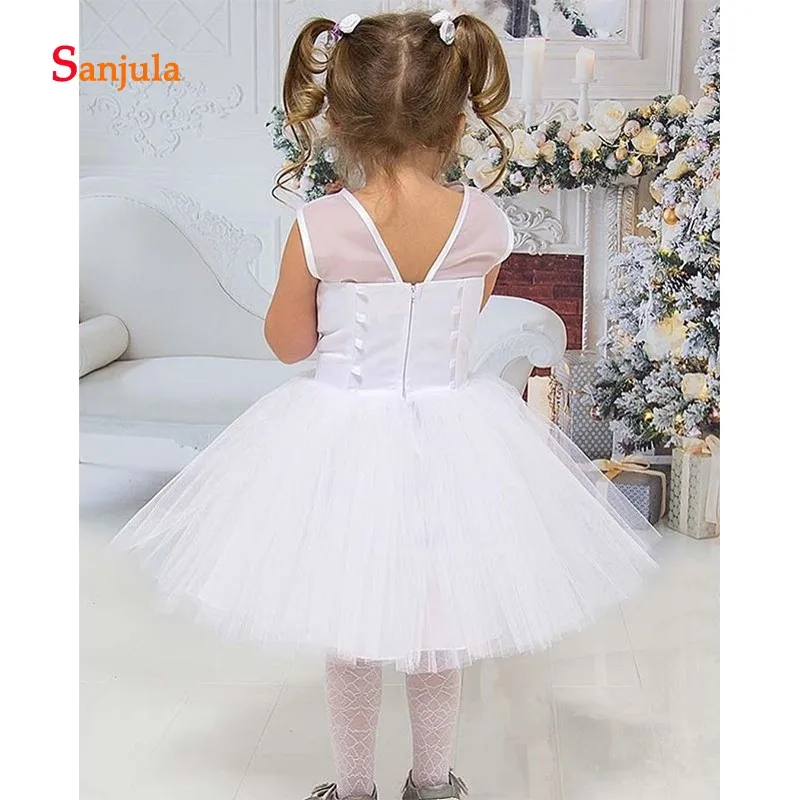 Длиной до колена Белый Тюль Платье в цветочек для девочек Пышное Бальное Иллюзия