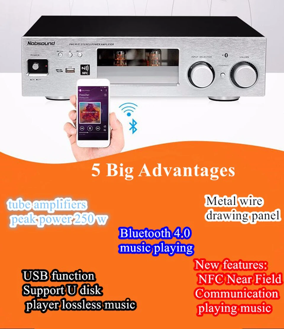 Nobsound PM5 Hi-Fi стерео усилитель мощности NFC усилитель беспроводной bluetooth-связи Поддержка USB CD DVD 80 Вт+ 80 Вт Мощность серебро