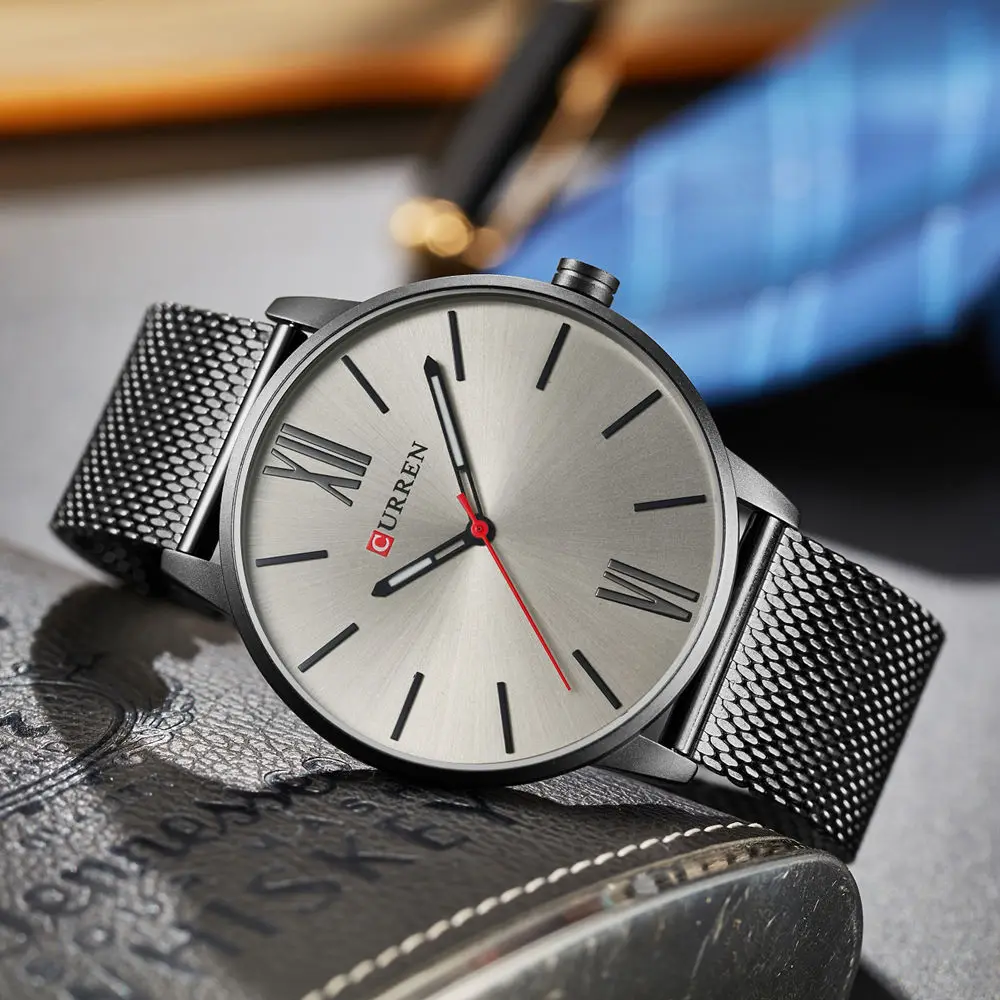 Curren простые мужские кварцевые часы с сеткой серебристый черный золотой браслет