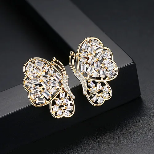 18K Gold Цвет серебристый, золотой пистолет черный цвет Медь AAA кубического циркония полая бабочка серьги стержня для Для женщин женские вечерние заявление серьги - Окраска металла: 18K Gold