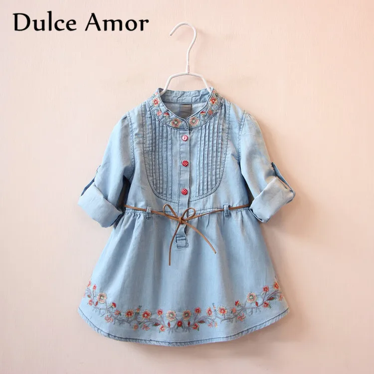 Dulce Amor/джинсовое платье для девочек; Одежда для маленьких девочек; осеннее детское платье с длинными рукавами и вышитыми цветами для девочек; джинсовое платье на завязках