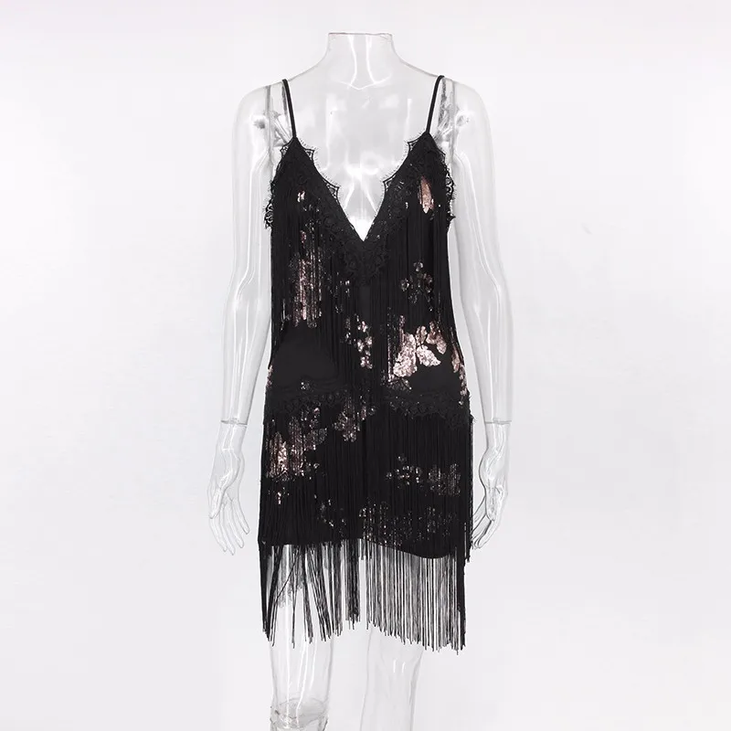 Dressmecb Для женщин V Средства ухода за кожей Шеи кисточкой Оболочка Sequine мини платье