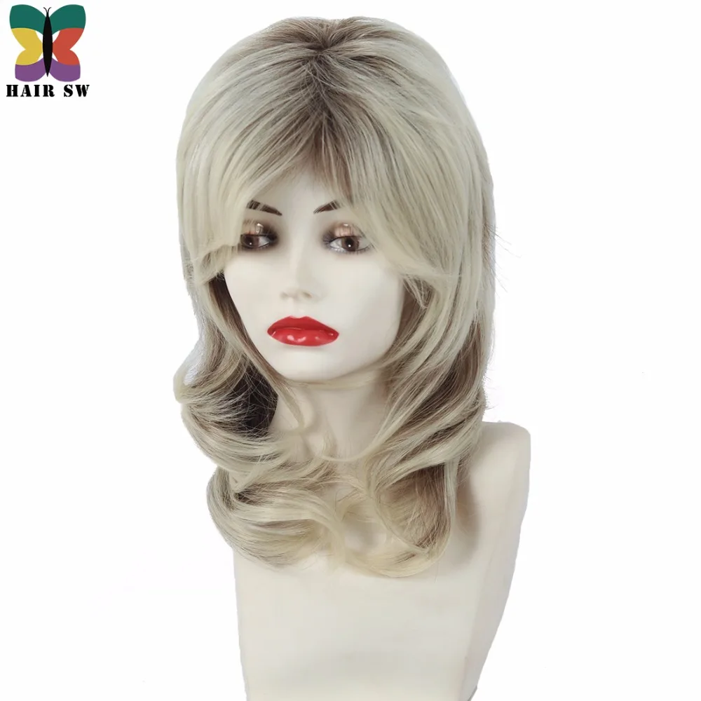 Женский парик со светлыми темными корнями средней длины с каскадными слоями|medium