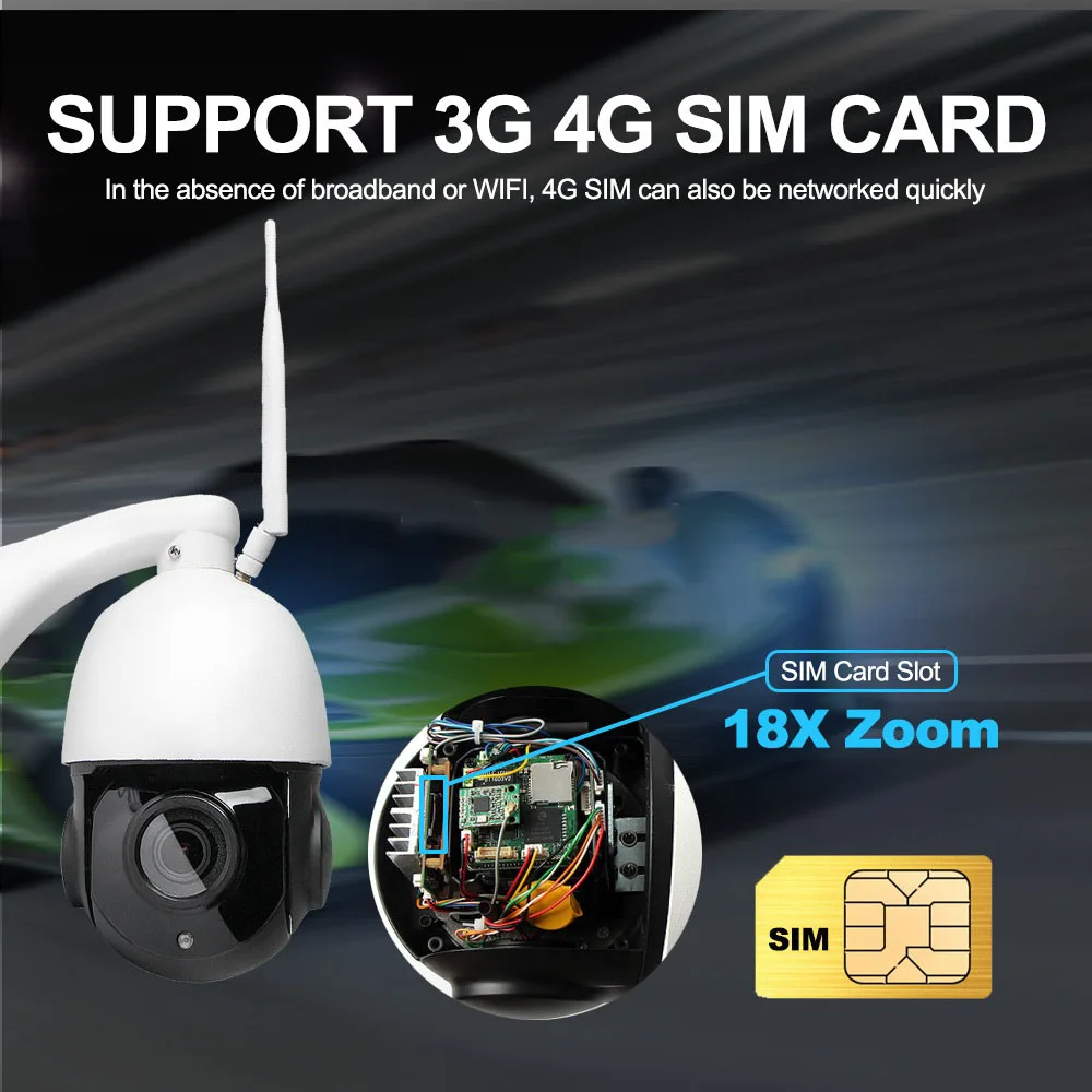 

HD 1080P WIFI CCTV Camera Outdoor 3G 4G SIM Card Camera Speed Dome IP Camera Wi-Fi 18X Zoom SD Card PTZ Cam Audio Talk Speaker