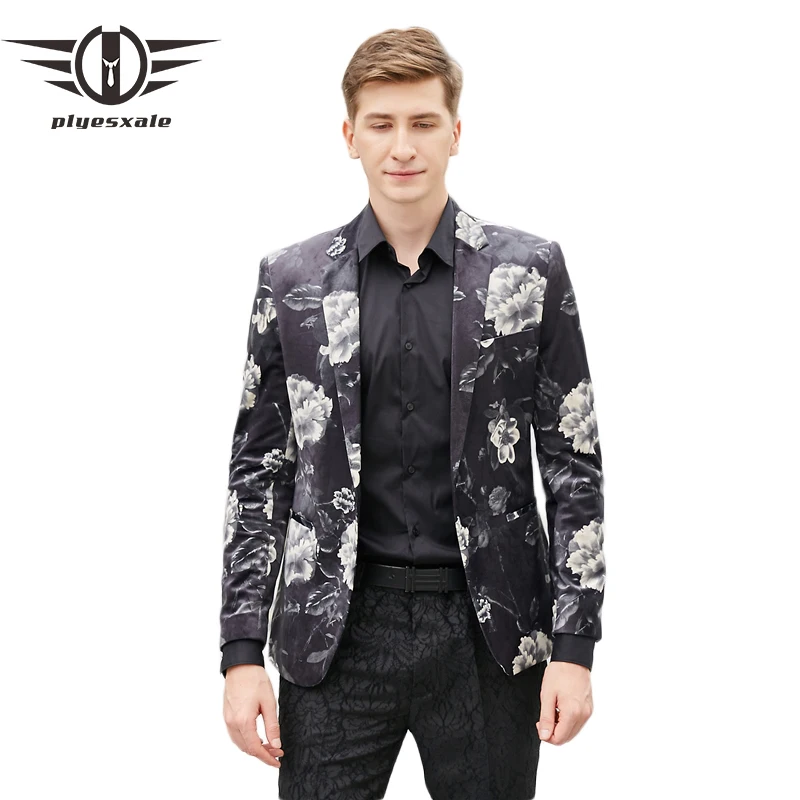 

Plyesxale Floral Blazer Men 2018 Slim Fit Mens Velvet Blazers Luxury Flower Printed Blazer For Men Party Prom Stage Wear Q432