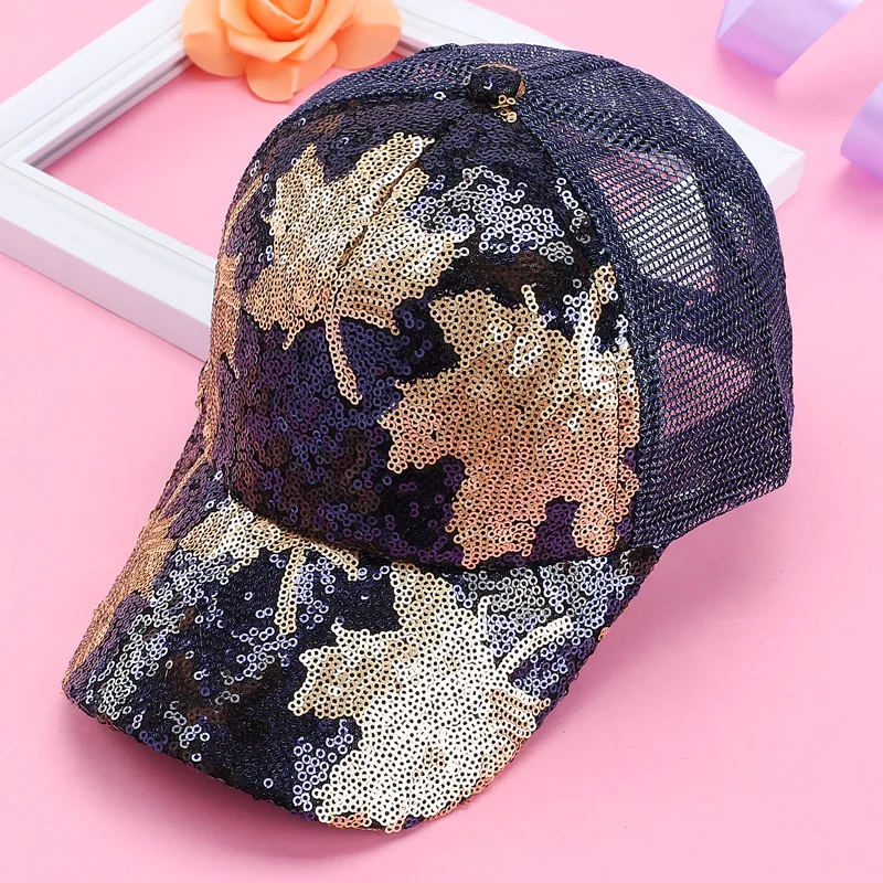 New Creative Women Bling Shinning Sequin Caps Cute Glitter Maple Leaf Summer Mesh Baseball Cap Adjustable Sunscreen Ponytail Hat |