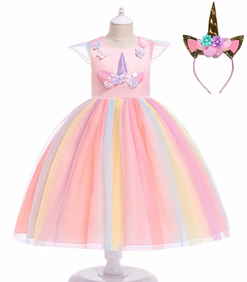 Dress and headband Пасхальное маскарадное платье единорога для девочек, детское платье принцессы на день рождения, Детский костюм на Хэллоуин, Рождество - Цвет: Dress and headband