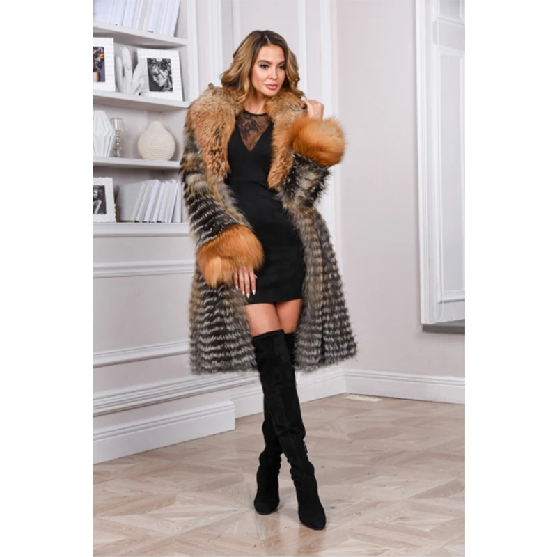 

FURSARCAR Plus Size Natural Fox Fur With Gold Fox Fur Collar & Cuff Customize Luxury Real Fox Fur Coat Women Winter Fur