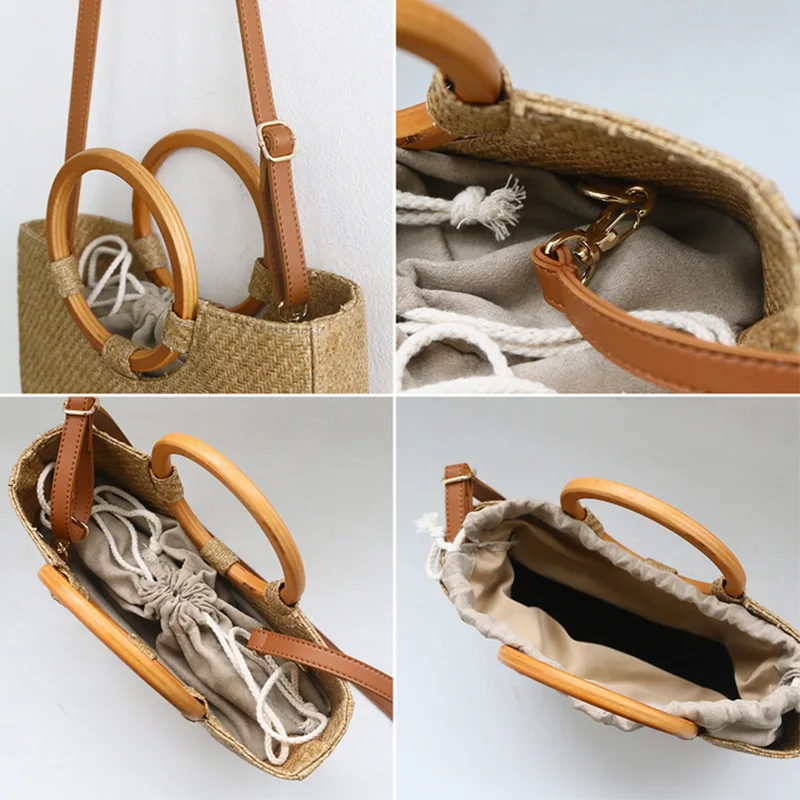 2017 New Korea Ring Wooden Handle Handbag Half Moon Woven Straw Beach Bag For Women European And American Style | Багаж и сумки