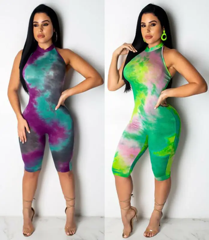 

Women Fashion Playsuits Short Bodycon Jumpsuit Backless Fitness Sleeveless Tie-Dye Printed Halter Romper Lady Playsuit