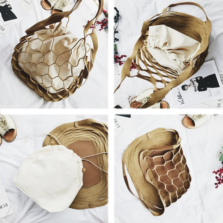 Полые сетчатые дизайнерские сумки холщовые женские из комбинированного