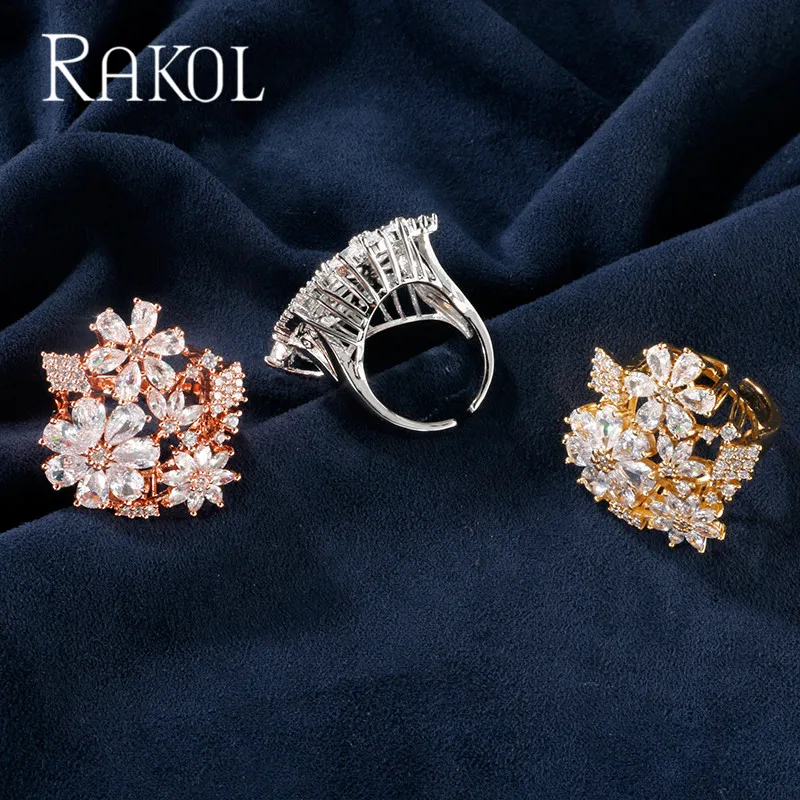 RAKOL Роскошные модные с чешскими кристаллами цветок свадебное кольцо для женщин кольца с прозрачным микро австрийский кубический цирконий, свадебное украшение