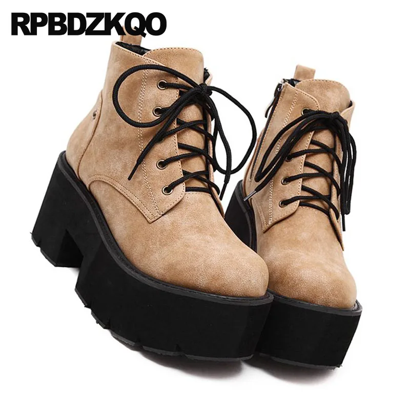 Harajuku Black Muffin Platform Flatform High Heel 2021 Side Zip Boots Booties Women Chunky Flat Brown Shoes European Lace Up | Обувь