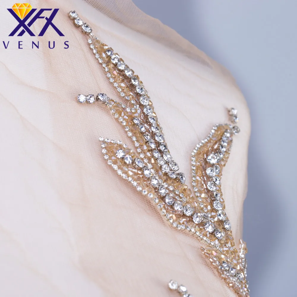 XFX 1 Piece Handmade Wedding Dress Evening Gown Rhinestone Crystal Patches Beads Trimming Beaded Applique for Party