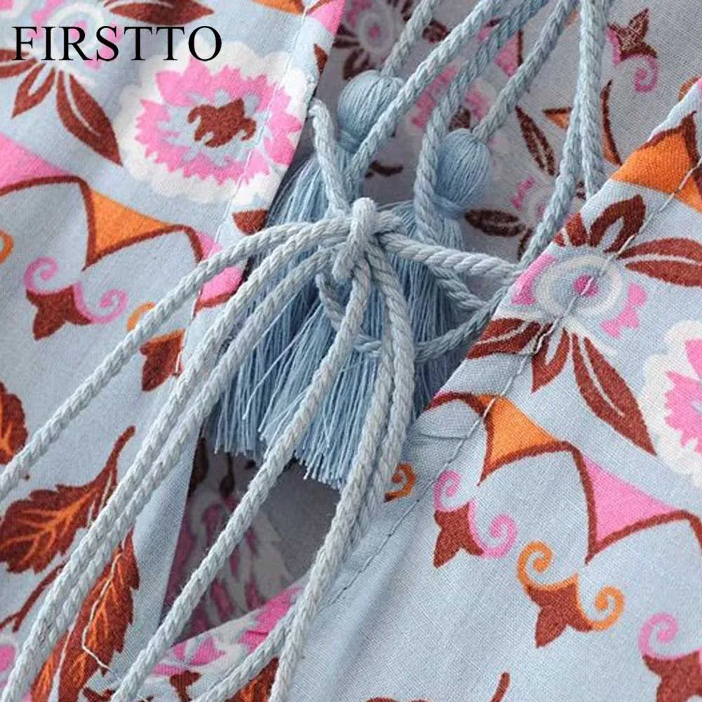 FIRSTTO Этническая цветная Цветочная рубашка с перекрестной шнуровкой