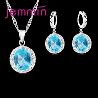 925 sterling silver bridal jewelry sets for women wedding jewelry blue oval cubic zircon stone earrings pendant necklace gifts