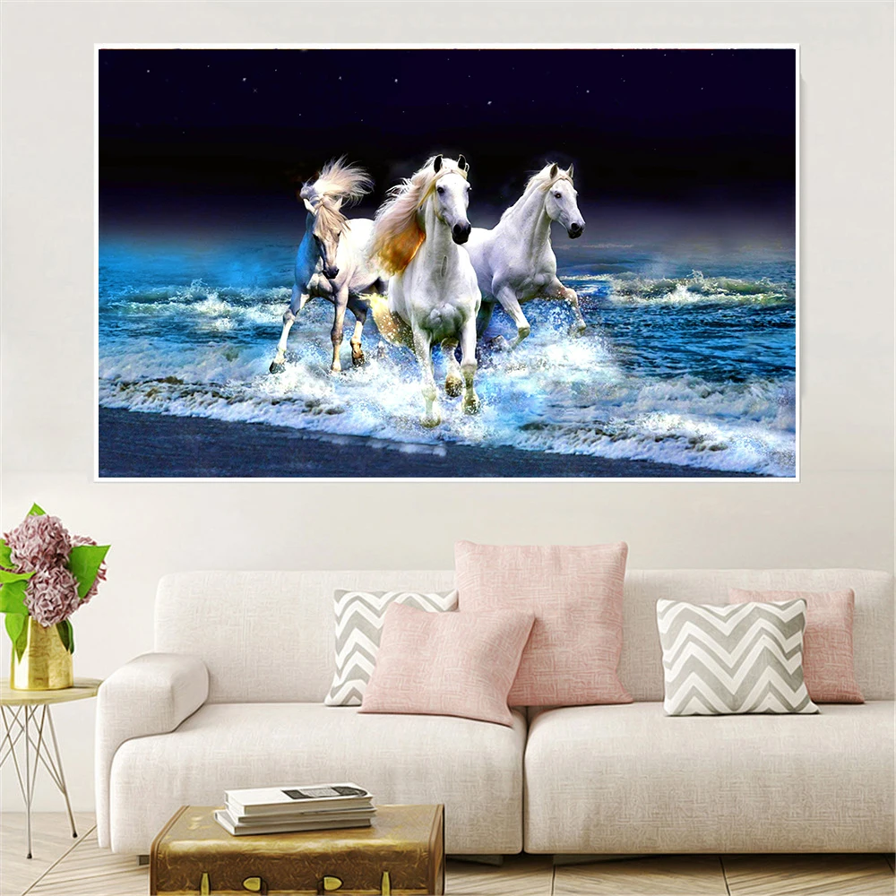 Абстрактная живопись большого размера Белая лошадь бегущая пляжная волна