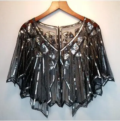 Silver Sequins Женские шарфы 1920s Хлопушка вышивка Шаль с бахромой накидка Гэтсби Вечерние бисером накидка с пайетками винтажная Сетка шарф Обертывания для платья - Цвет: Silver Sequins